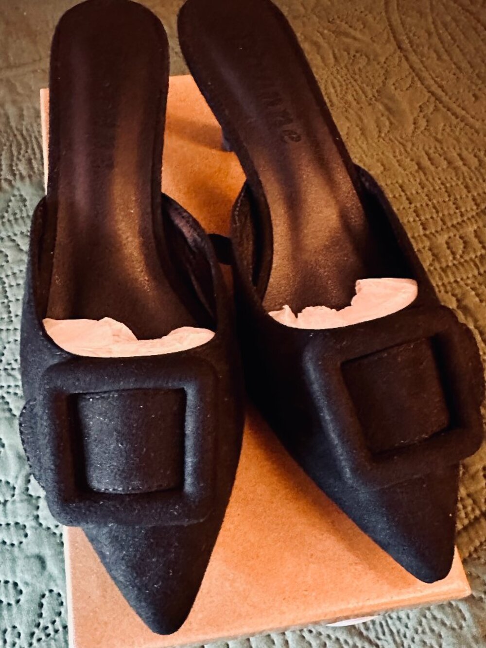 Divanne Black Suede Oversized Buckle Mules - Size 8 (1" Heel)
